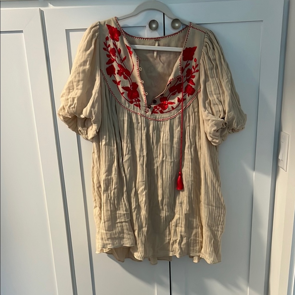 Embroidered Beige and Red Women's Top